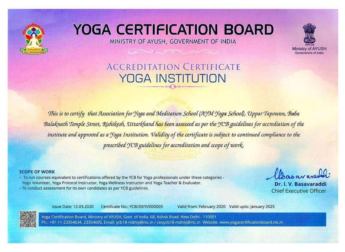 Yoga Certification Board certificate under Ministry of AYUSH Government of India